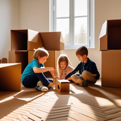 Children building cardboard box forts and cities.