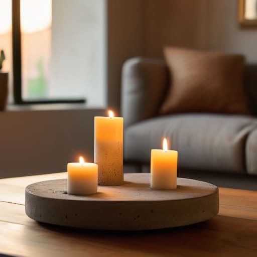 Concrete chunky candle holders on coffee table.