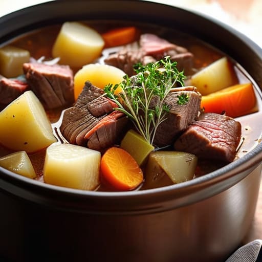 Slow cooker No-Fuss Beef Stew with vegetables.