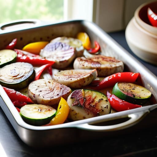 One-Pan Roasted Veggies and Sausage on sheet pan.
