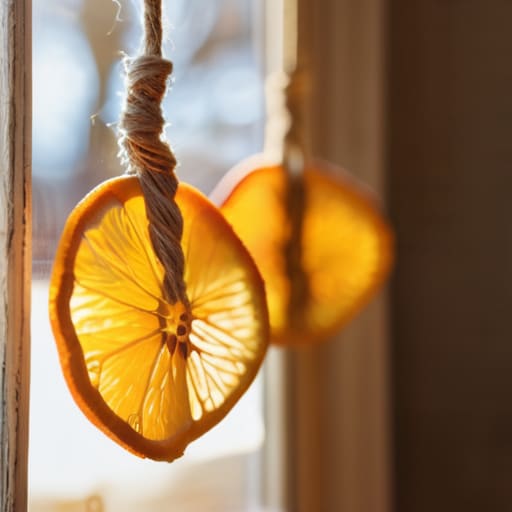 Dried citrus garlands hanging in a window.