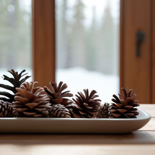 Minimalist pinecone decor on a dining table.
